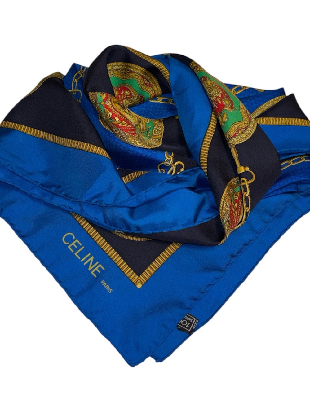 Celine Blue, Black & Gold Silk Scarf with Heraldic Print